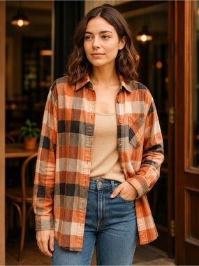 Sanctuary Boyfriend Plaid Shirt M Rust Beige Cotton Shacket Tunic